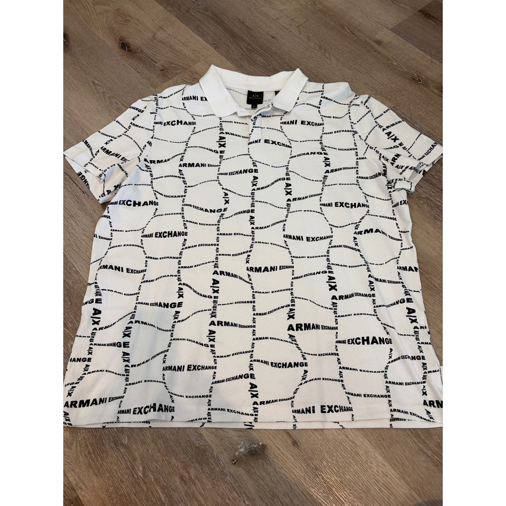 Armani Exchange Mens XL White Black All Over Logo Print Pique Polo Shirt